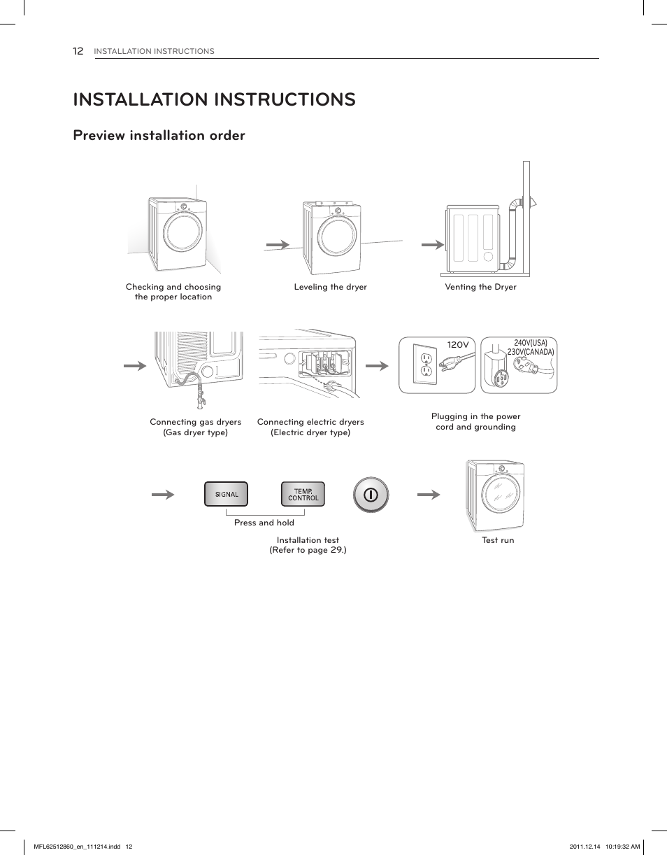 Installation instructions, Preview installation order | LG DLEX3470W User Manual | Page 12 / 96