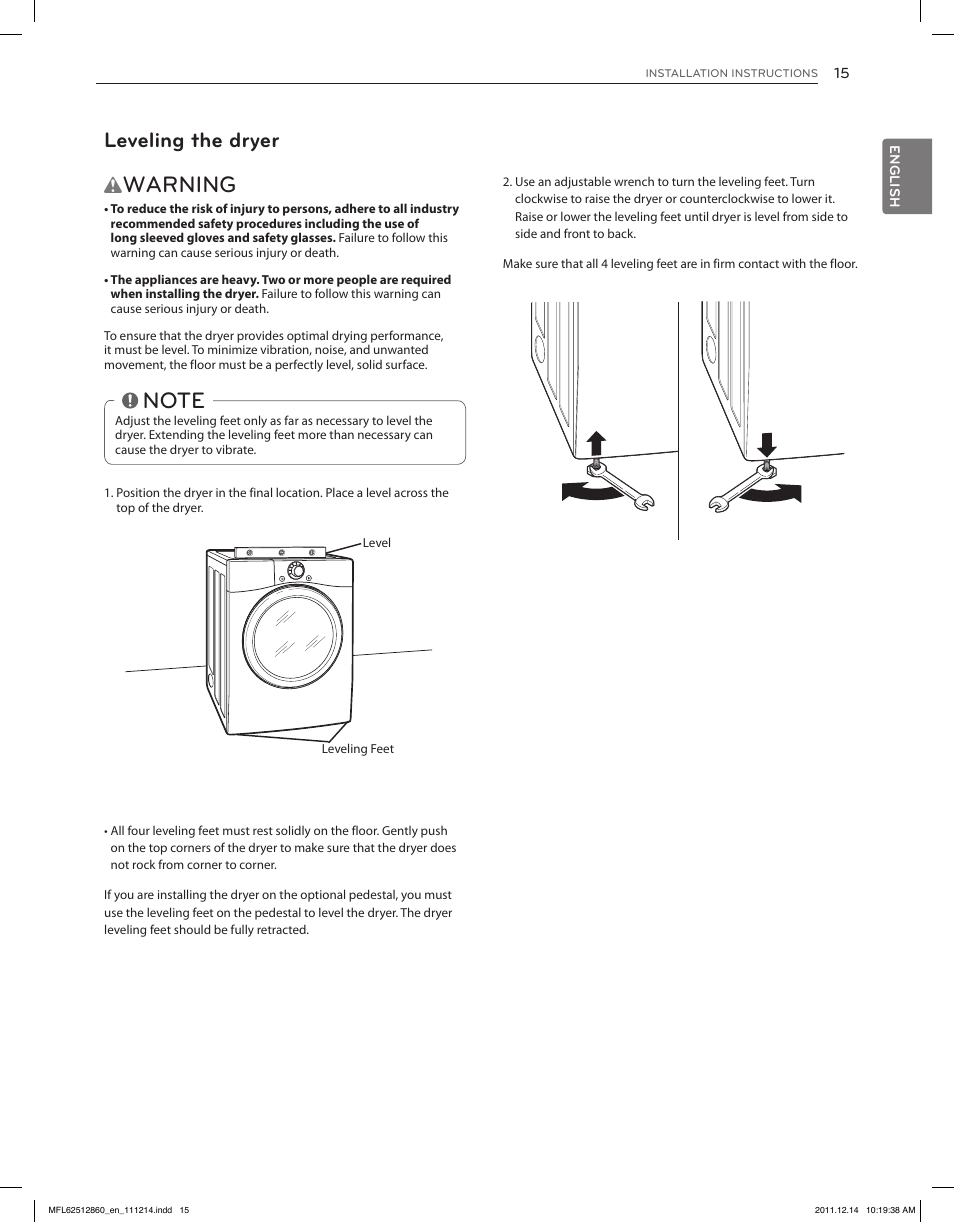 Warning, Leveling the dryer | LG DLEX3470W User Manual | Page 15 / 96