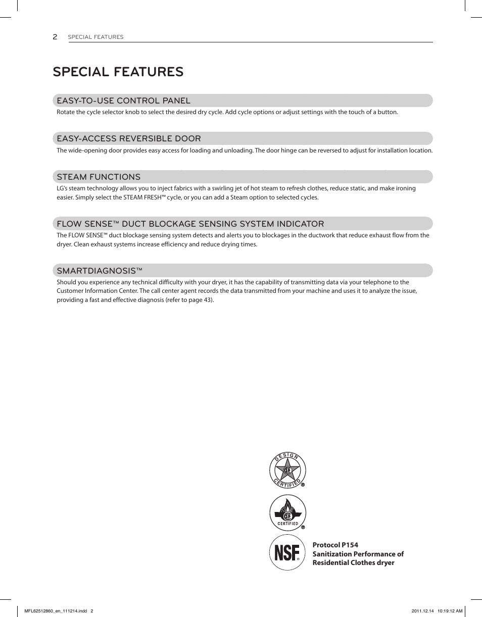 Special features, Easy-to-use control panel, Easy-access reversible door | Steam functions, Flow sense™ duct blockage sensing system indicator, Smartdiagnosis | LG DLEX3470W User Manual | Page 2 / 96