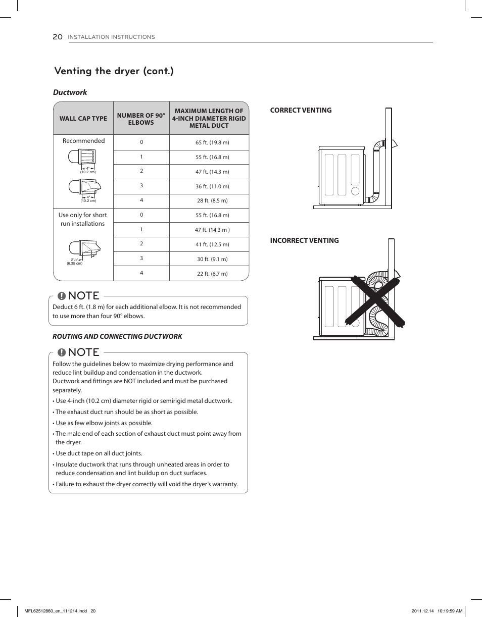 Venting the dryer (cont.), Ductwork | LG DLEX3470W User Manual | Page 20 / 96