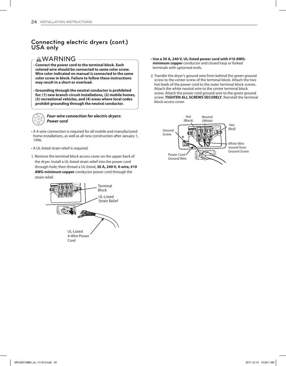 Warning, Connecting electric dryers (cont.) usa only | LG DLEX3470W User Manual | Page 24 / 96