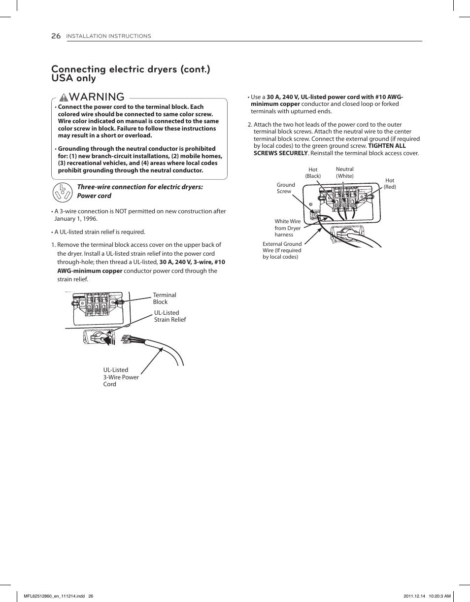 Warning, Connecting electric dryers (cont.) usa only | LG DLEX3470W User Manual | Page 26 / 96