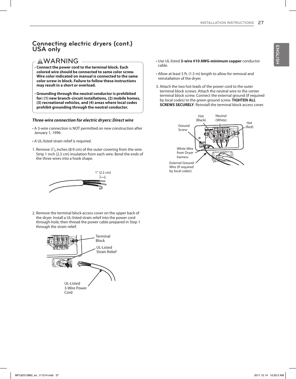 Warning, Connecting electric dryers (cont.) usa only | LG DLEX3470W User Manual | Page 27 / 96