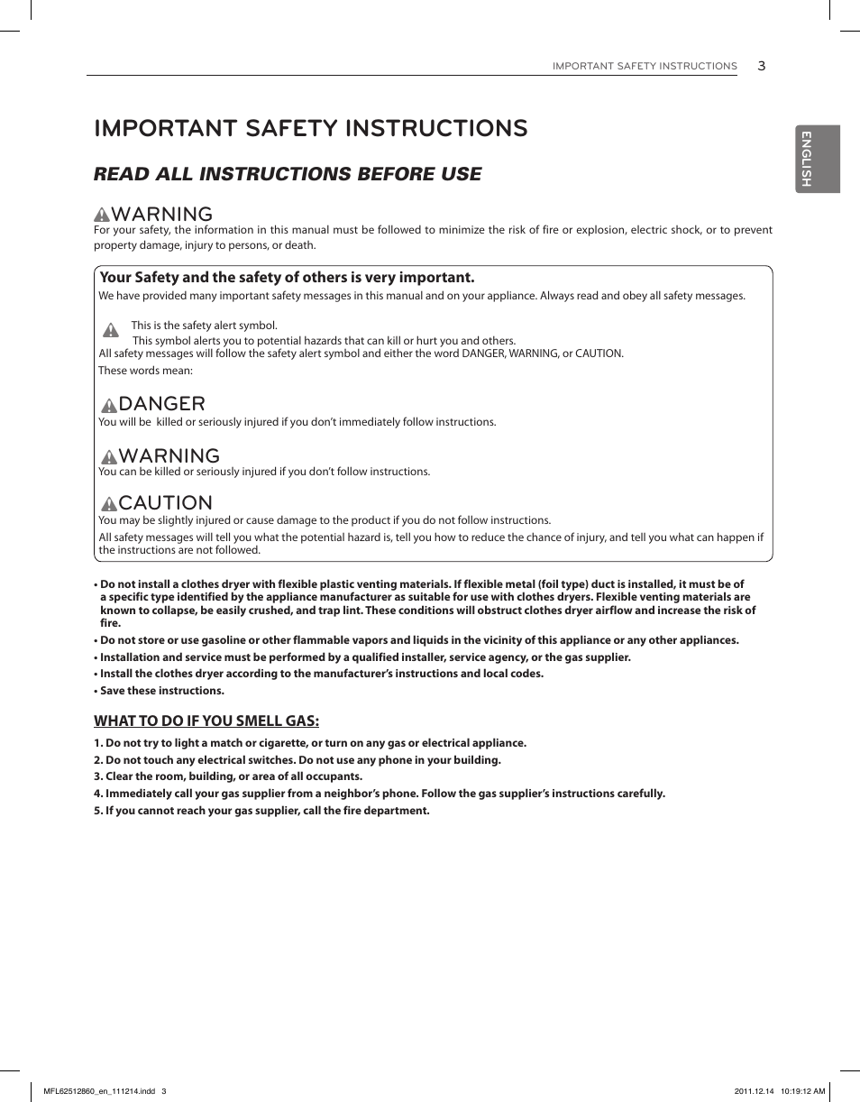 Important safety instructions, Warning, Danger | Caution | LG DLEX3470W User Manual | Page 3 / 96