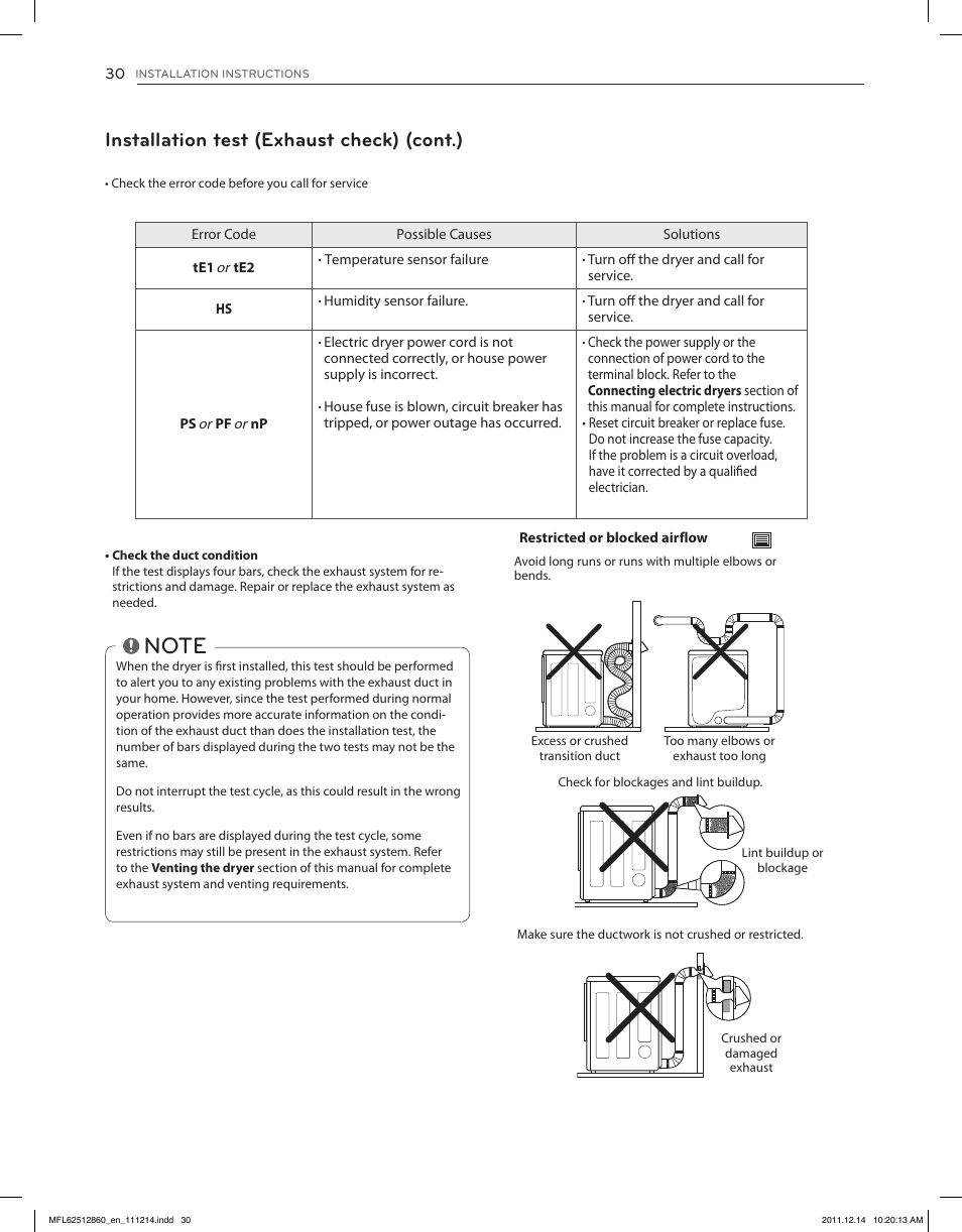 Installation test (exhaust check) (cont.) | LG DLEX3470W User Manual | Page 30 / 96