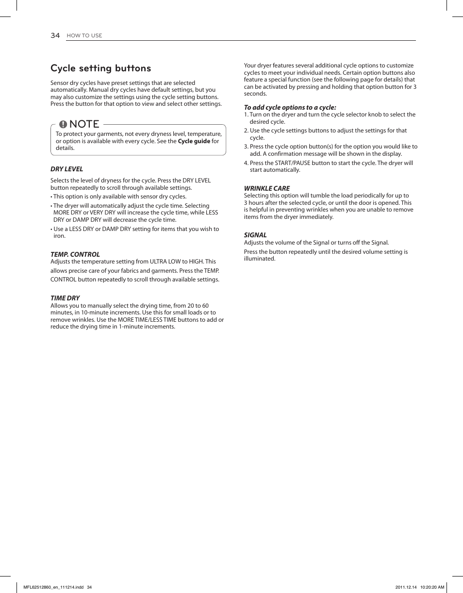 Cycle setting buttons | LG DLEX3470W User Manual | Page 34 / 96