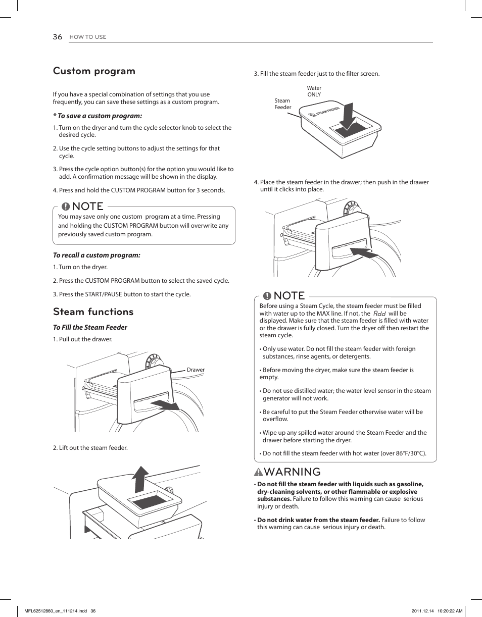 Warning, Custom program, Steam functions | LG DLEX3470W User Manual | Page 36 / 96