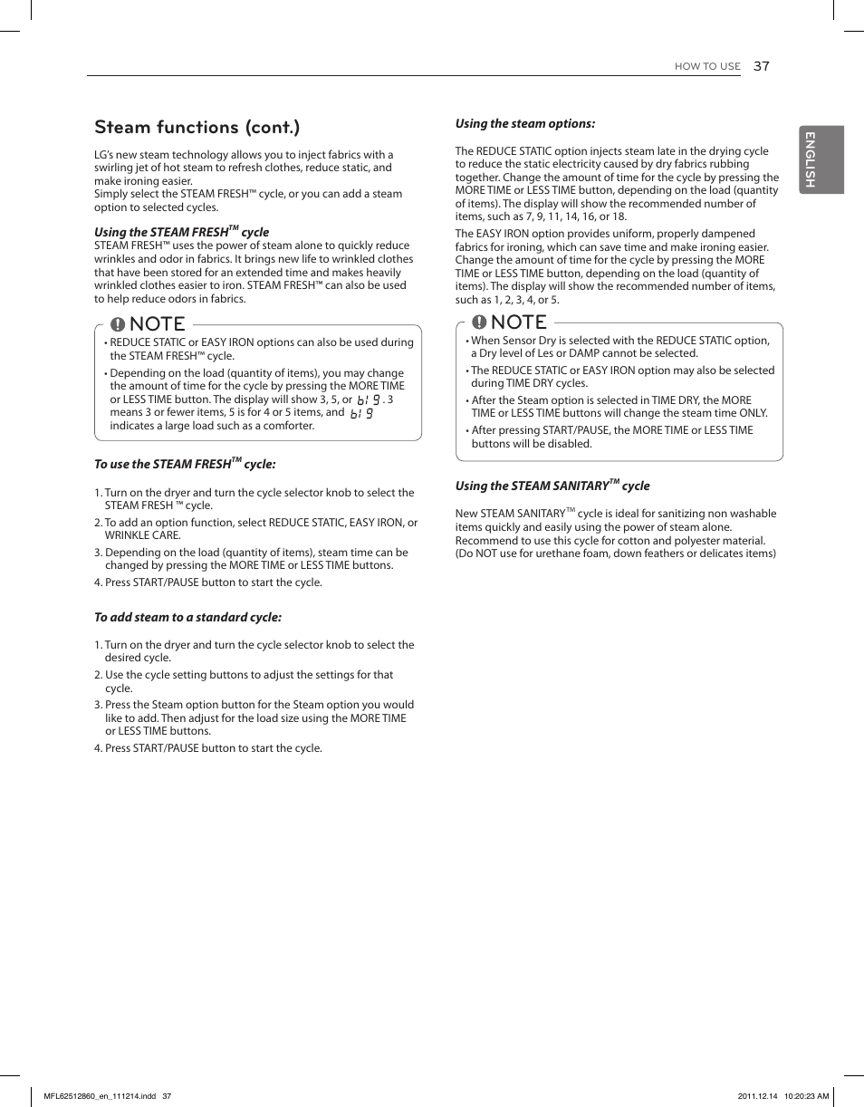 Steam functions (cont.) | LG DLEX3470W User Manual | Page 37 / 96