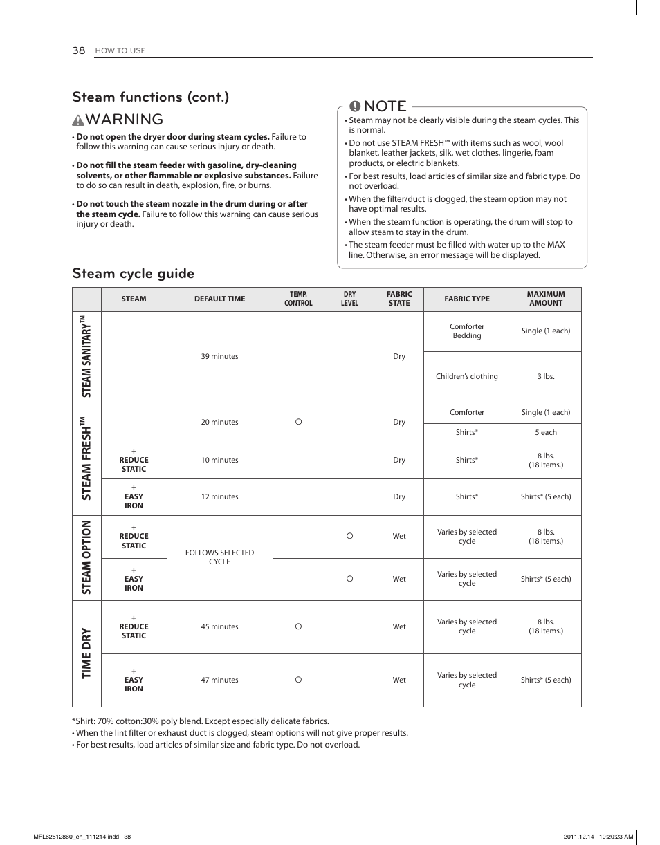 Warning, Steam functions (cont.), Steam cycle guide | Steam sanit ar y, Steam fresh, Steam option, Time dr y | LG DLEX3470W User Manual | Page 38 / 96