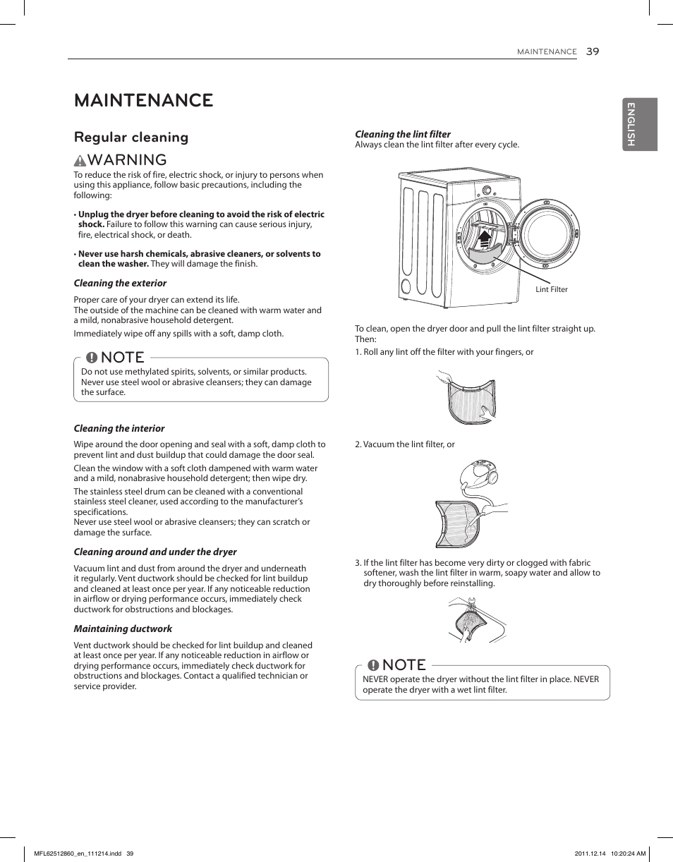 Maintenance, Warning, Regular cleaning | LG DLEX3470W User Manual | Page 39 / 96