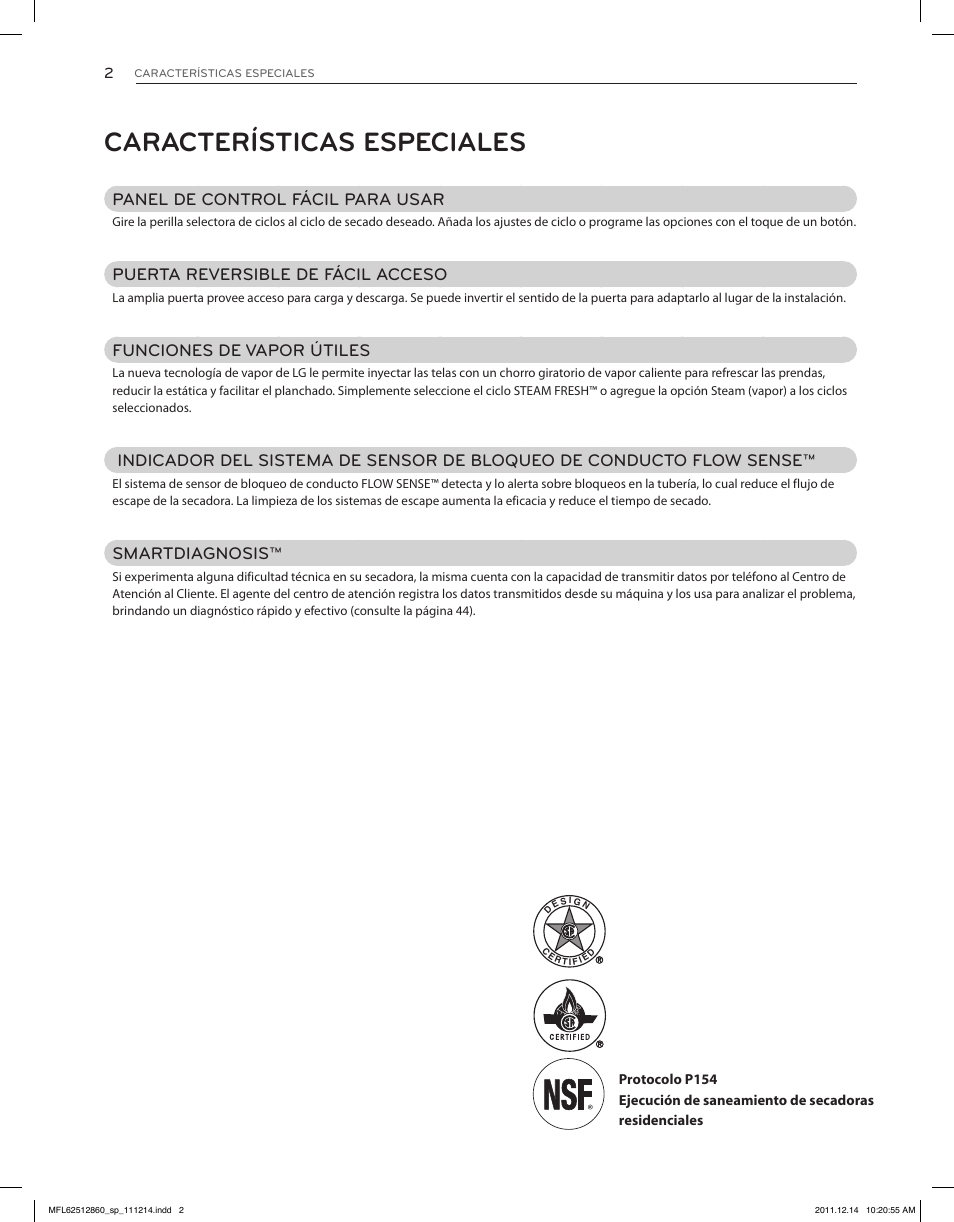 Características especiales, Panel de control fácil para usar, Puerta reversible de fácil acceso | Funciones de vapor útiles, Smartdiagnosis | LG DLEX3470W User Manual | Page 48 / 96