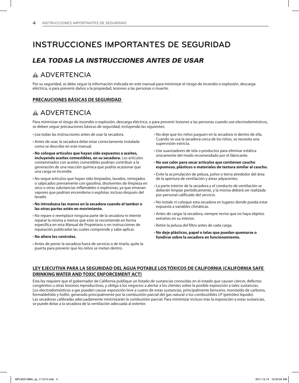Instrucciones importantes de seguridad, Advertencia, Lea todas la instrucciones antes de usar w | LG DLEX3470W User Manual | Page 50 / 96
