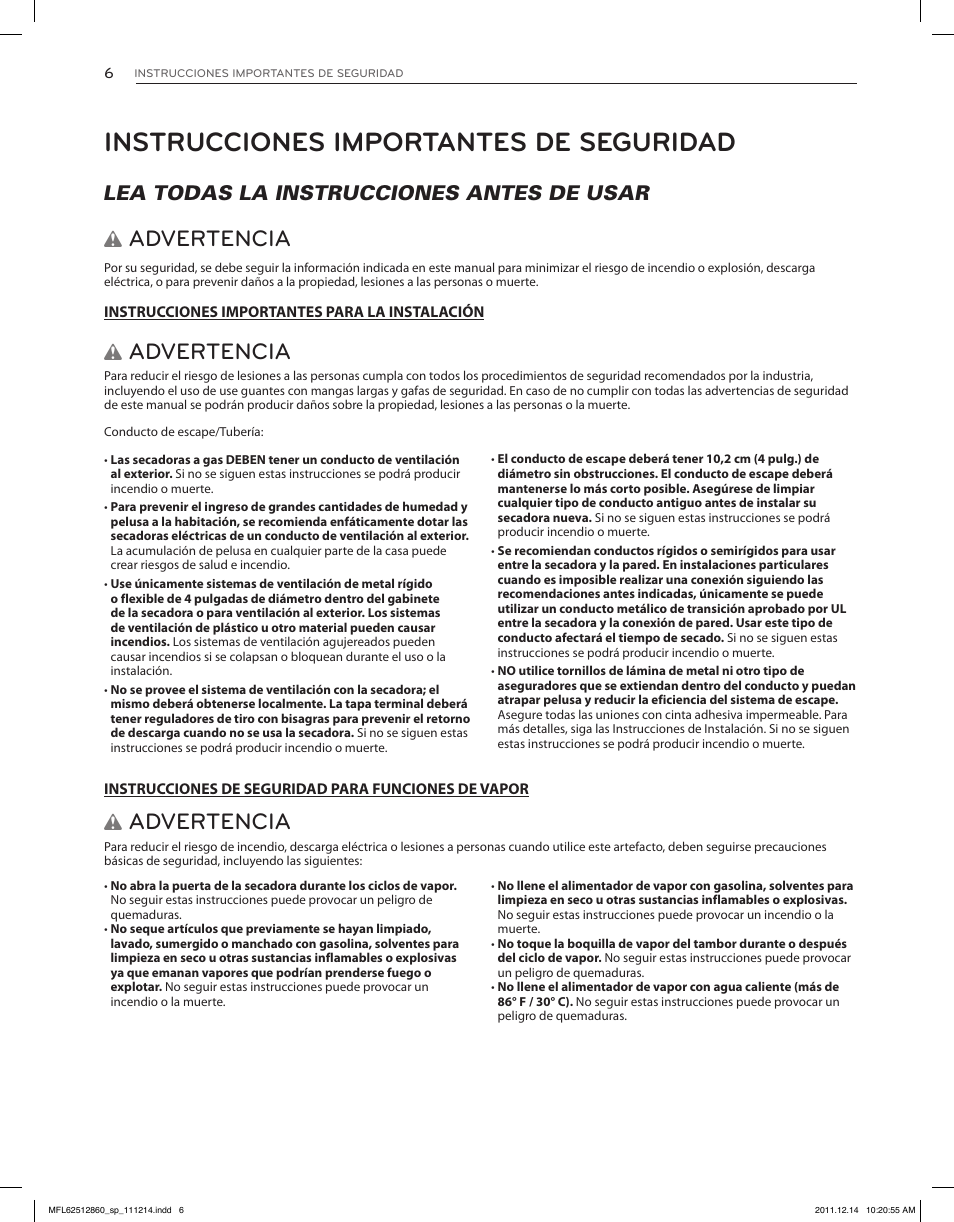 Instrucciones importantes de seguridad, Advertencia, Lea todas la instrucciones antes de usar w | LG DLEX3470W User Manual | Page 52 / 96
