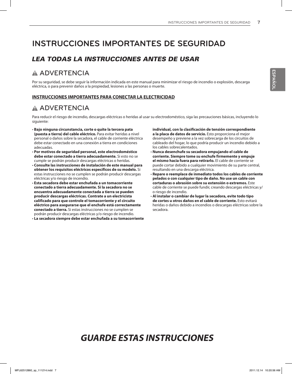 Guarde estas instrucciones, Instrucciones importantes de seguridad, Advertencia | Lea todas la instrucciones antes de usar w | LG DLEX3470W User Manual | Page 53 / 96