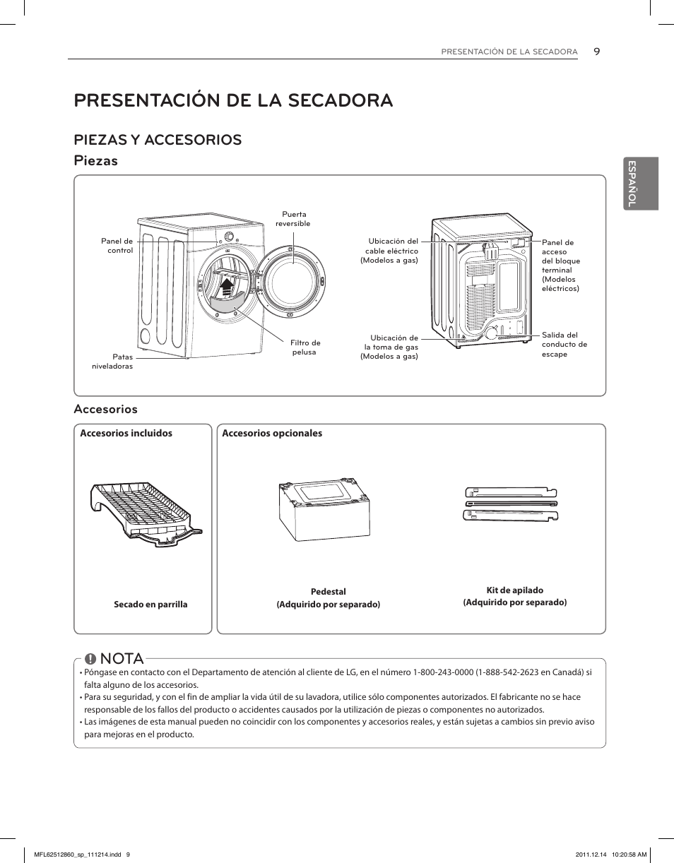 Presentación de la secadora, Nota, Piezas y accesorios piezas | Accesorios | LG DLEX3470W User Manual | Page 55 / 96