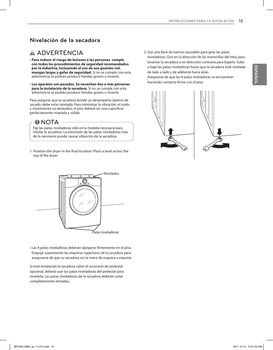 Advertencia, Nota, Nivelación de la secadora | LG DLEX3470W User Manual | Page 61 / 96