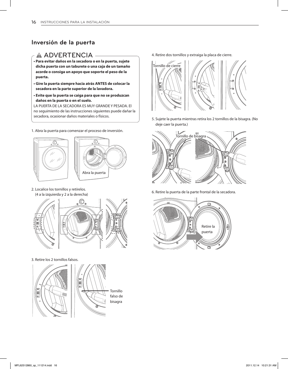 Advertencia, Inversión de la puerta | LG DLEX3470W User Manual | Page 62 / 96