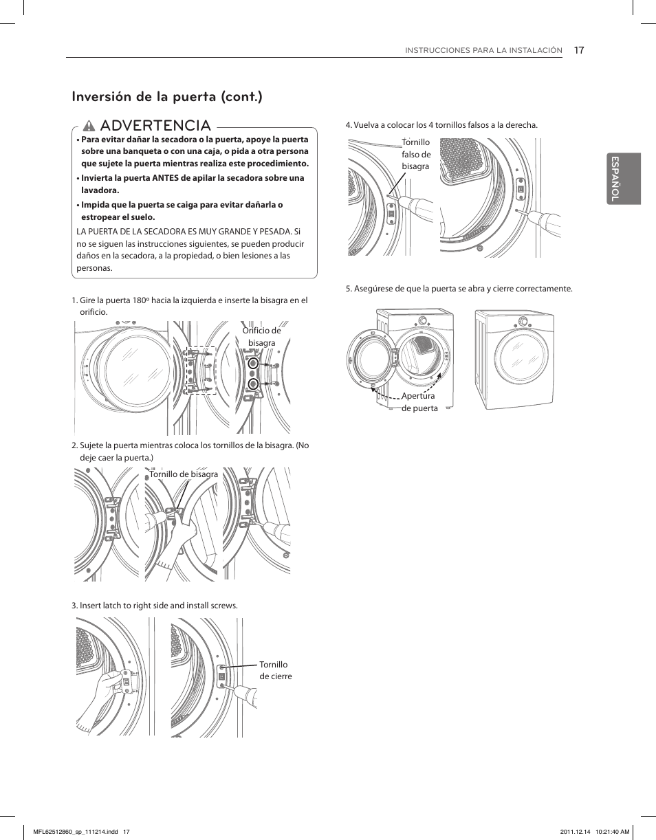 Advertencia, Inversión de la puerta (cont.) | LG DLEX3470W User Manual | Page 63 / 96