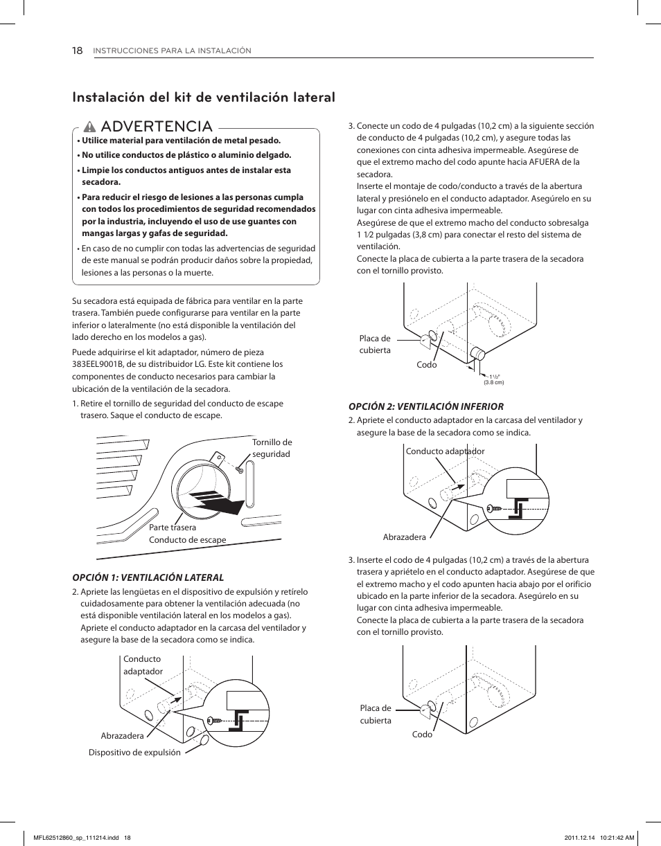 Advertencia, Instalación del kit de ventilación lateral | LG DLEX3470W User Manual | Page 64 / 96