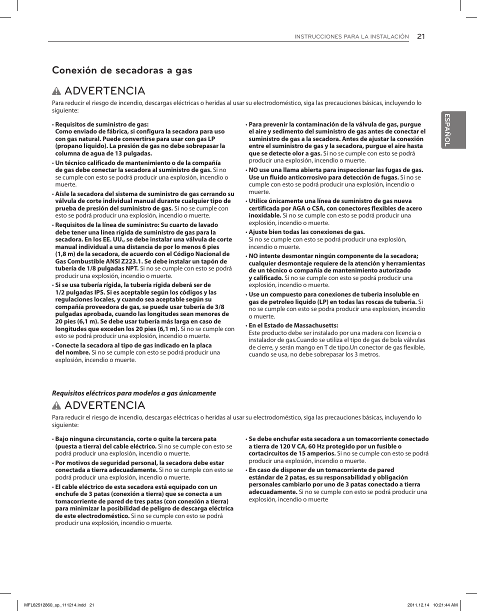 Advertencia, Conexión de secadoras a gas | LG DLEX3470W User Manual | Page 67 / 96