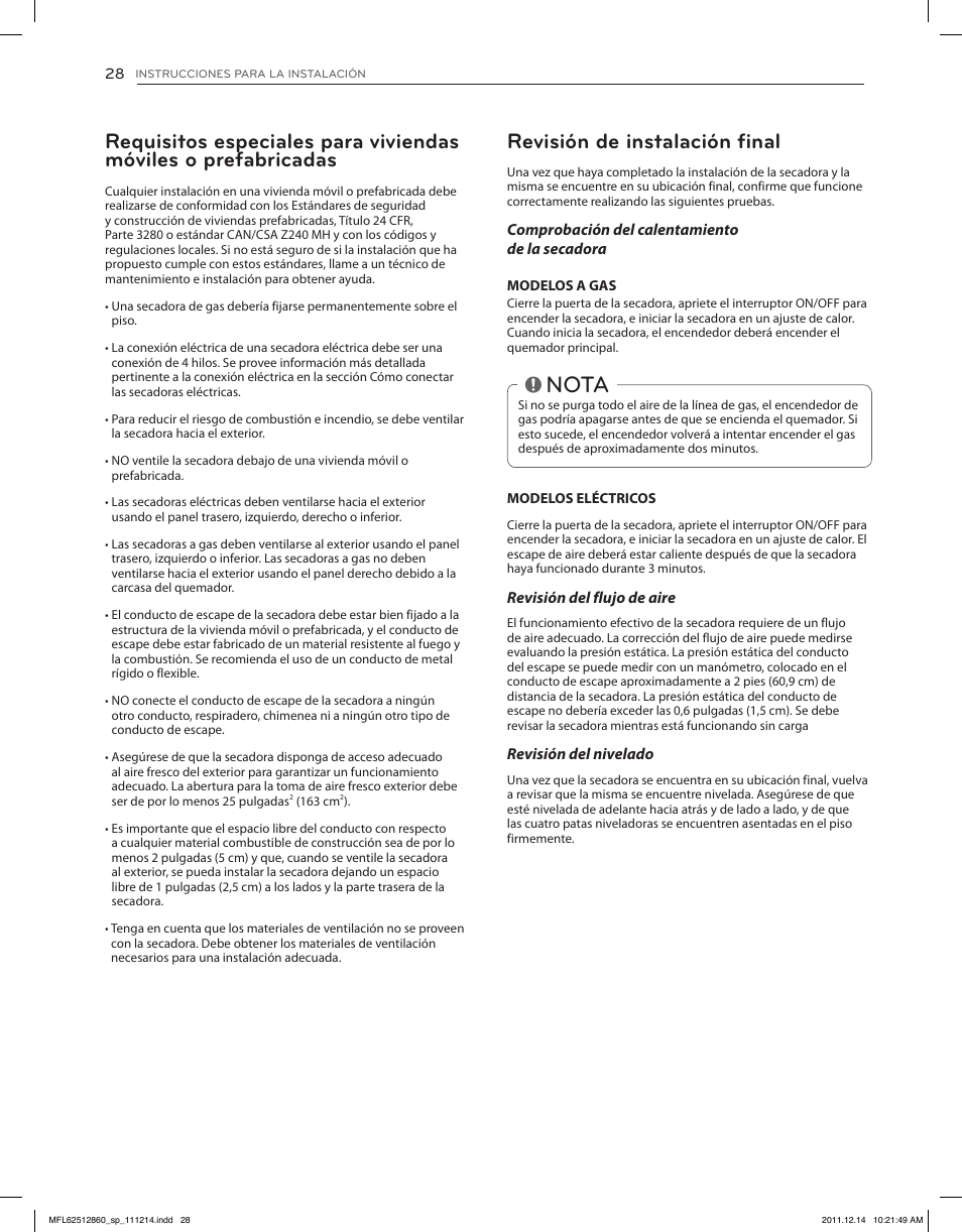 Nota, Revisión de instalación final | LG DLEX3470W User Manual | Page 74 / 96