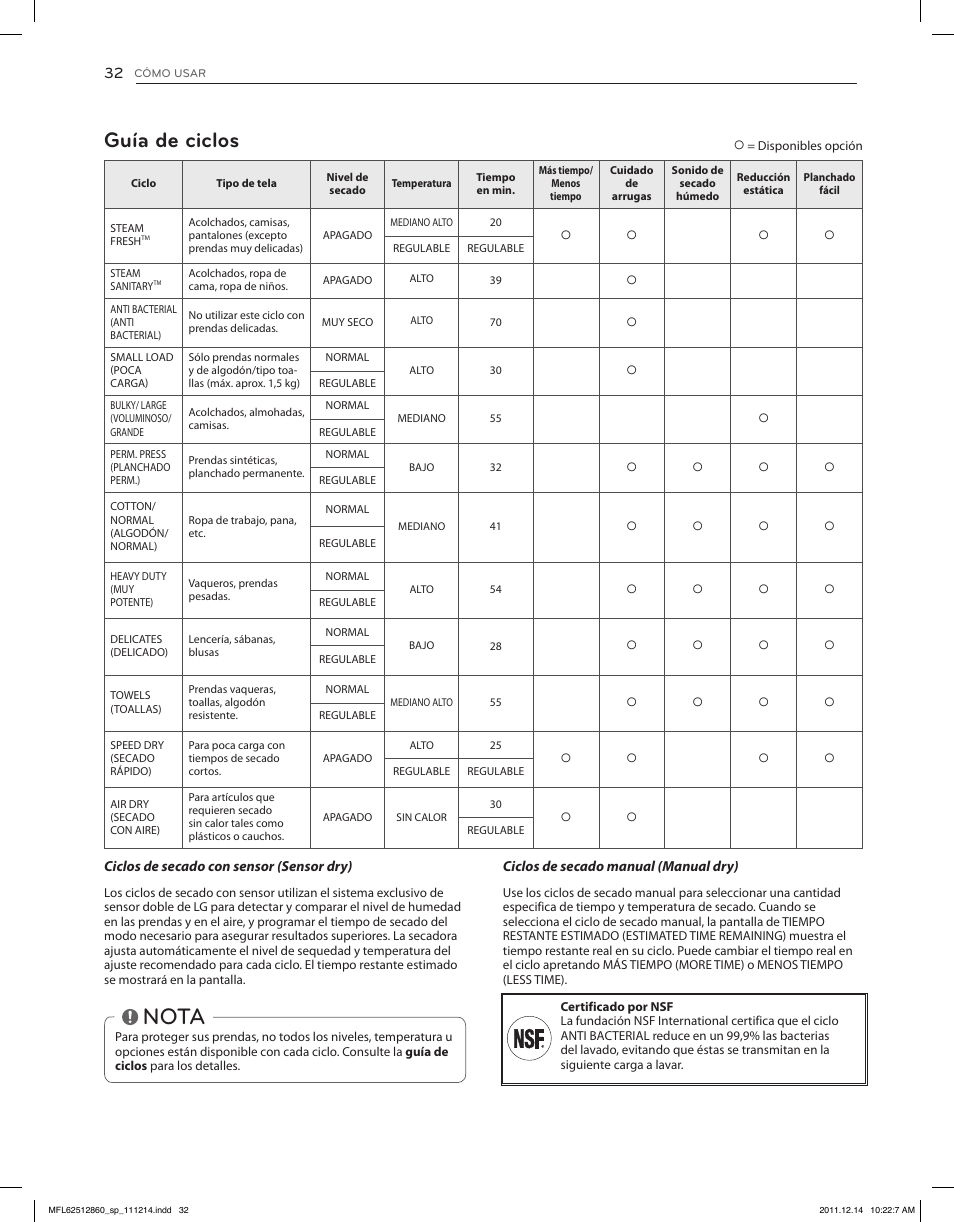 Nota, Guía de ciclos | LG DLEX3470W User Manual | Page 78 / 96