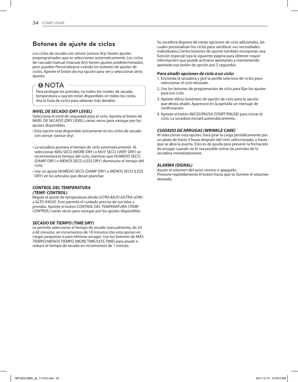 Nota, Botones de ajuste de ciclos | LG DLEX3470W User Manual | Page 80 / 96