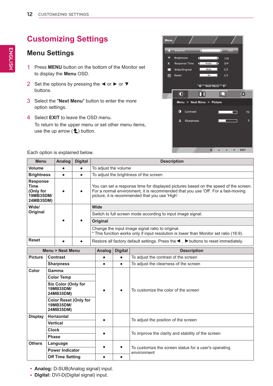 Customizing settings, Menu settings, 12 customizing settings 12 | Accesses the main menus.(see p.12) | LG 24MB35DM-B User Manual | Page 13 / 27
