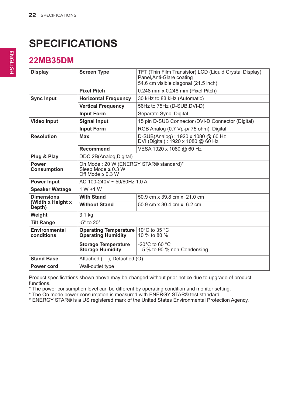 22mb35dm, 22 22mb35dm, Specifications | LG 24MB35DM-B User Manual | Page 23 / 27