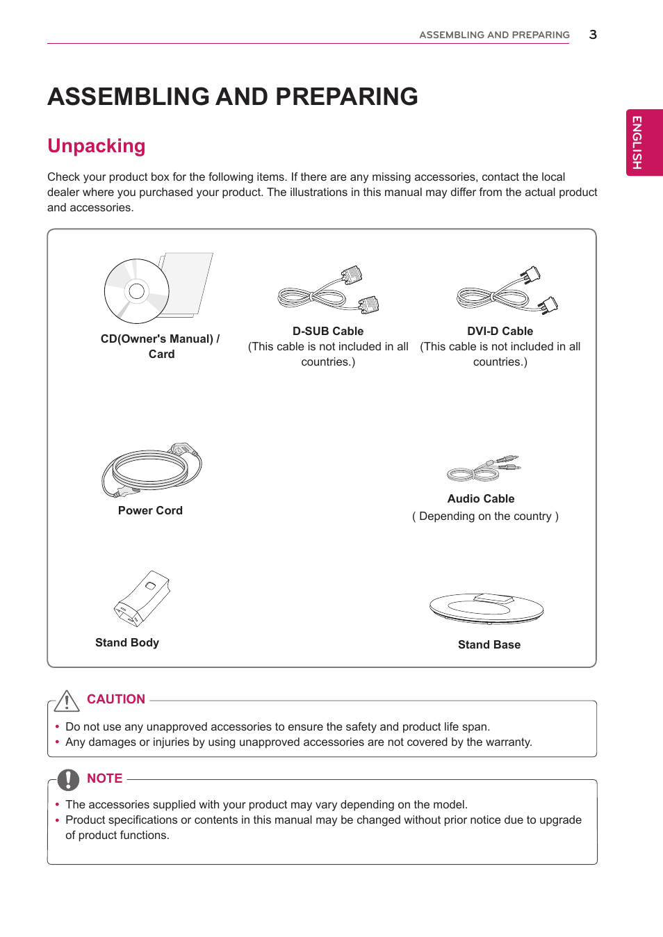 Assembling and preparing, Unpacking, Assembling and prepar | LG 24MB35DM-B User Manual | Page 4 / 27
