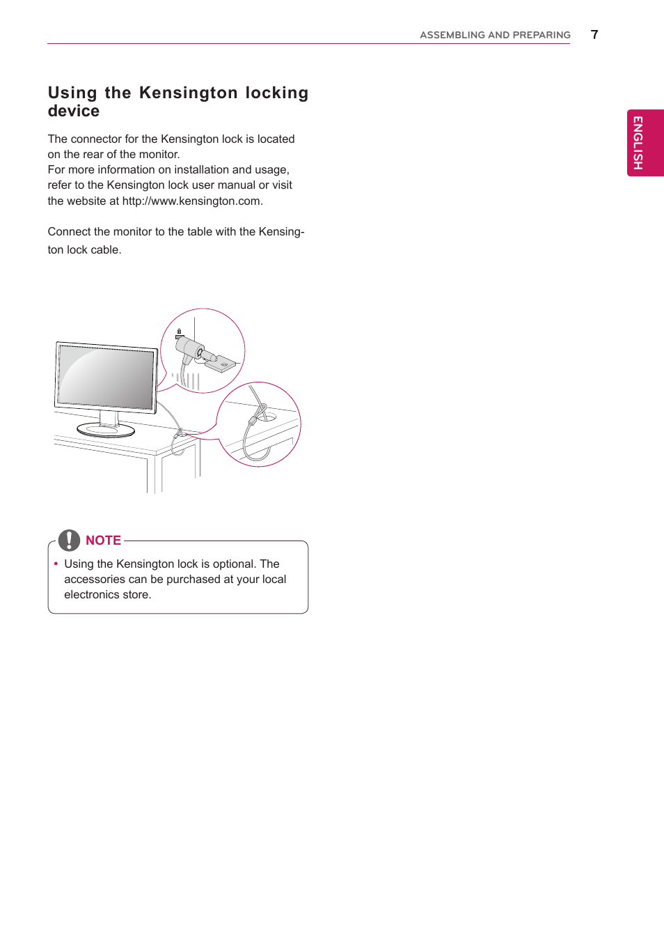 Using the kensington locking device | LG 24MB35DM-B User Manual | Page 8 / 27