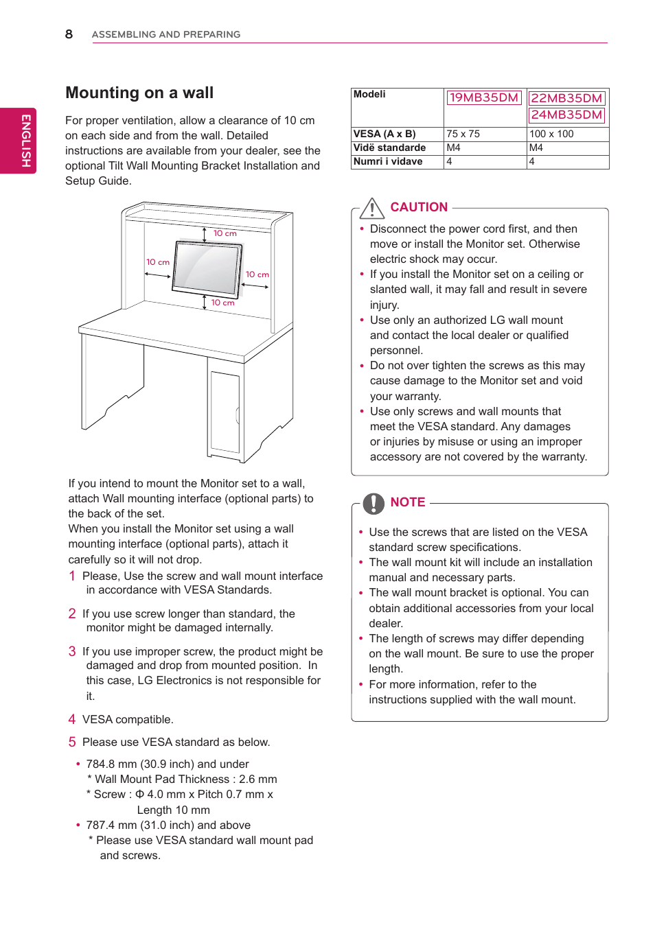 Mounting on a wall | LG 24MB35DM-B User Manual | Page 9 / 27