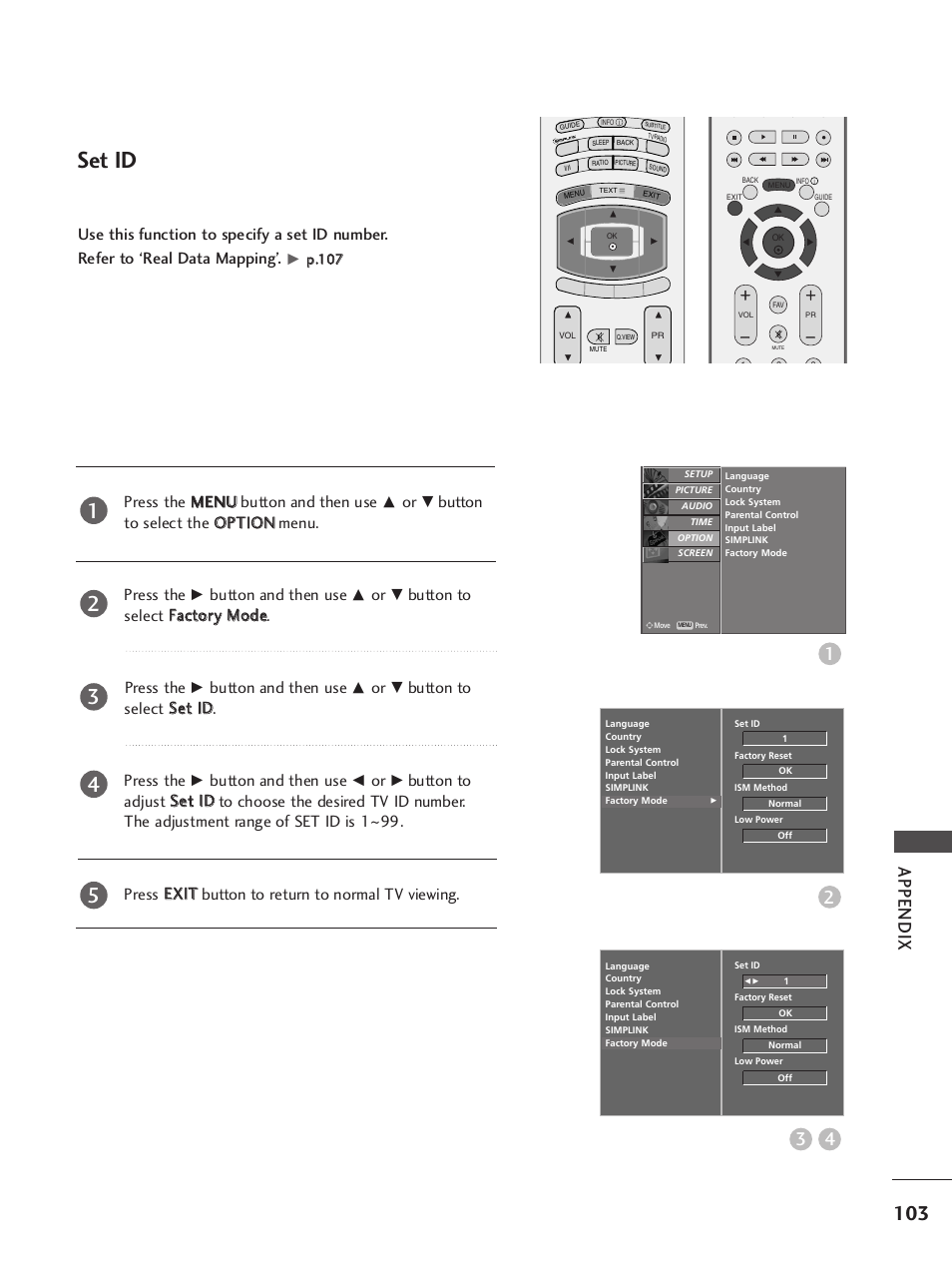 Set id, Appendix, Press the m me en nu u button and then use | Button and then use, Button to select s seett iid d. press the | LG 37LY95 User Manual | Page 105 / 112