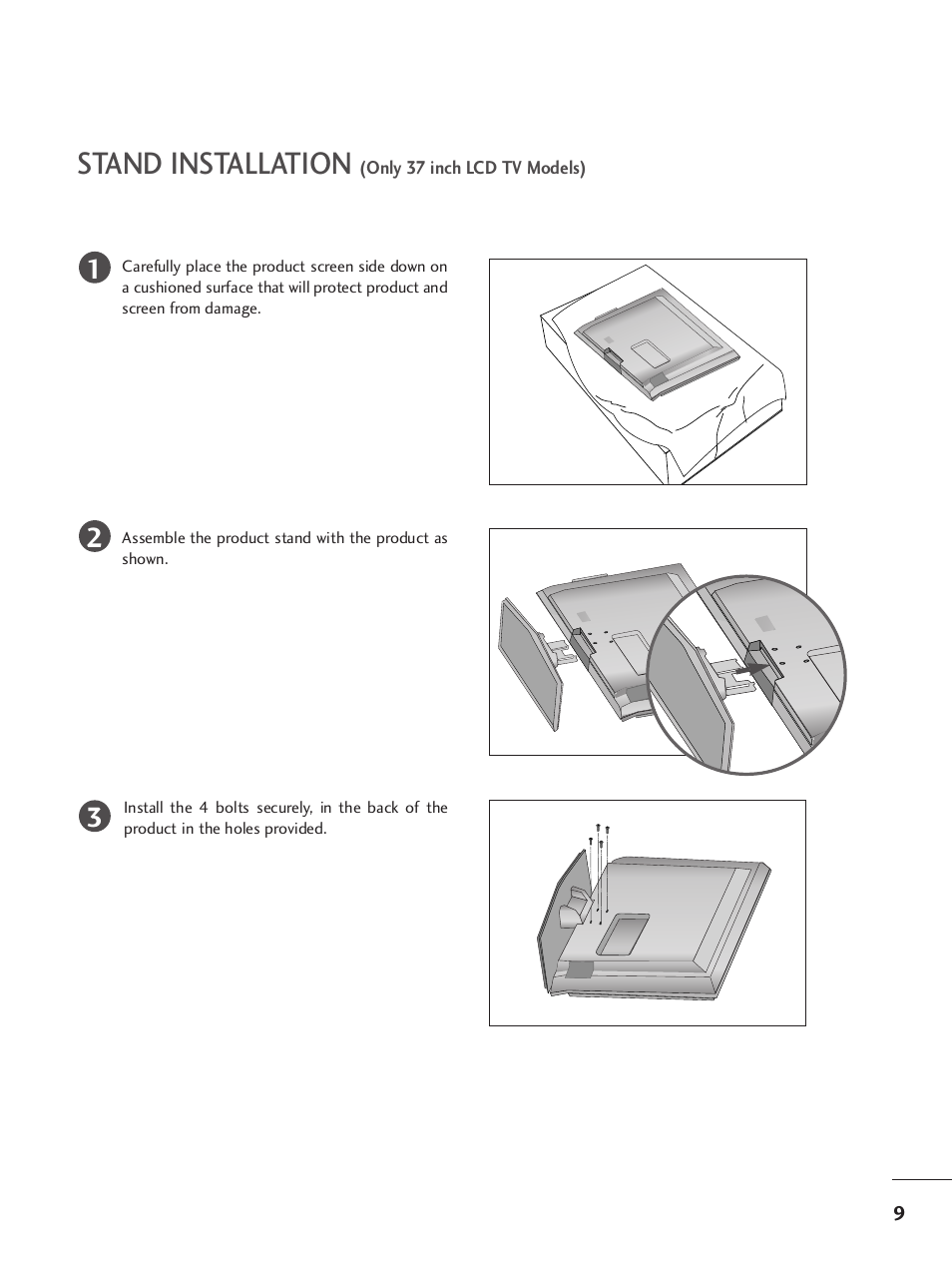 Stand installation (only 37 inch lcd tv models), Stand installation | LG 37LY95 User Manual | Page 11 / 112