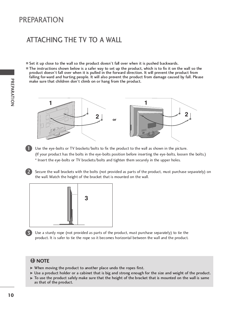 Attaching the tv to a wall, Preparation | LG 37LY95 User Manual | Page 12 / 112