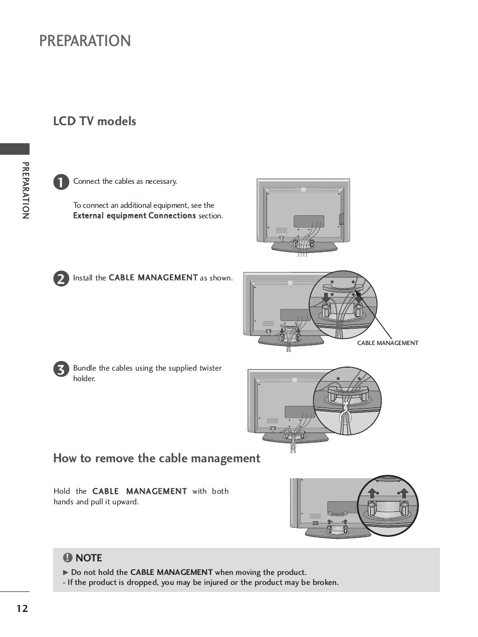 Preparation, Lcd tv models, How to remove the cable management | LG 37LY95 User Manual | Page 14 / 112