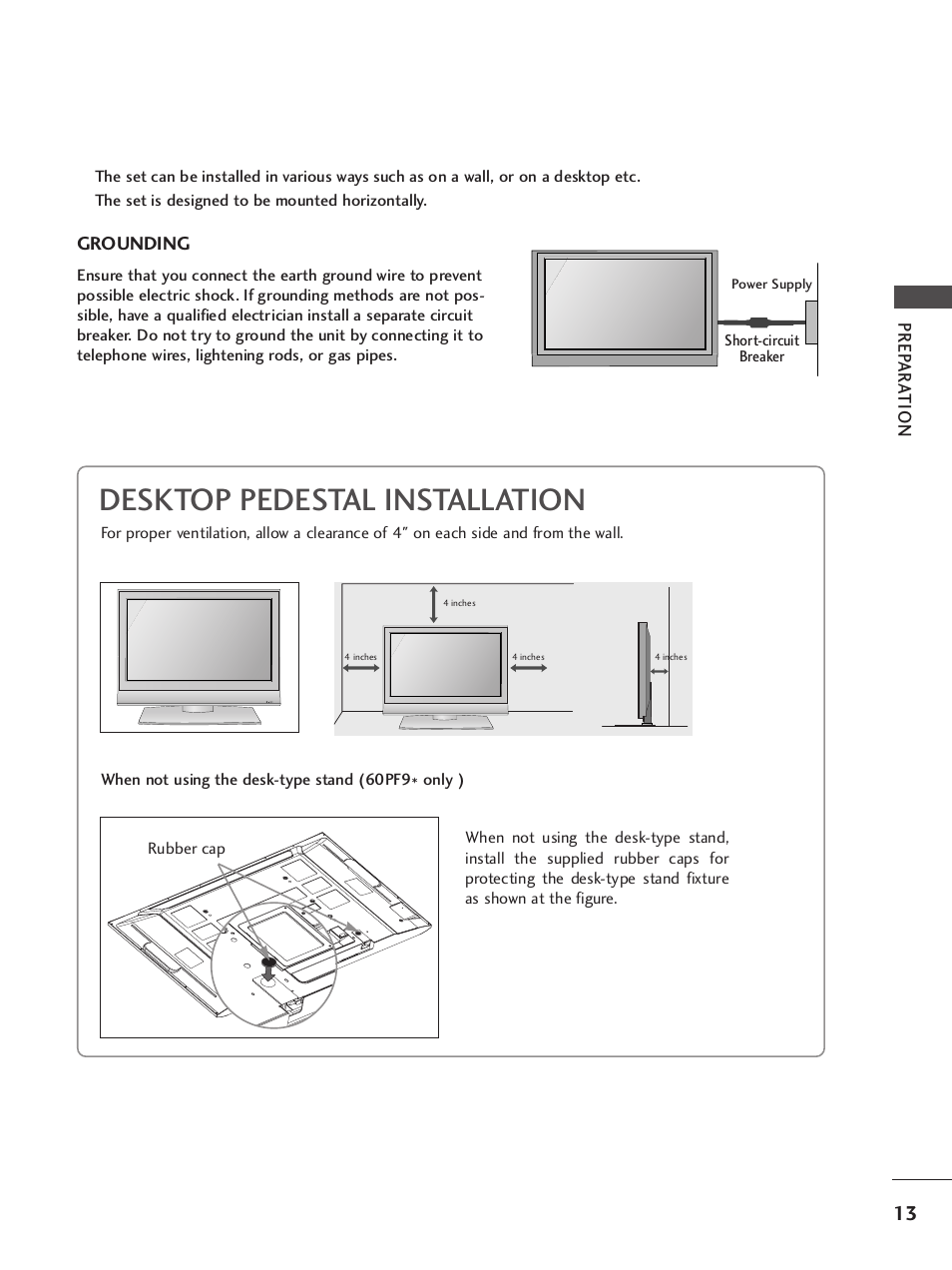 Desktop pedestal installation, Grounding, Prep ar a tion | LG 37LY95 User Manual | Page 15 / 112