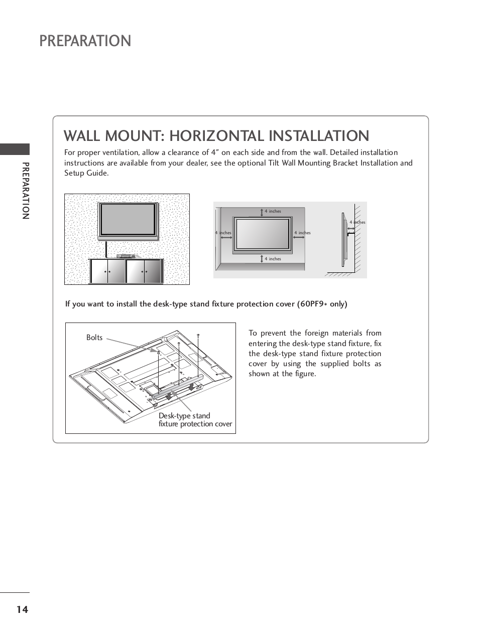 Wall mount: horizontal installation, Preparation | LG 37LY95 User Manual | Page 16 / 112