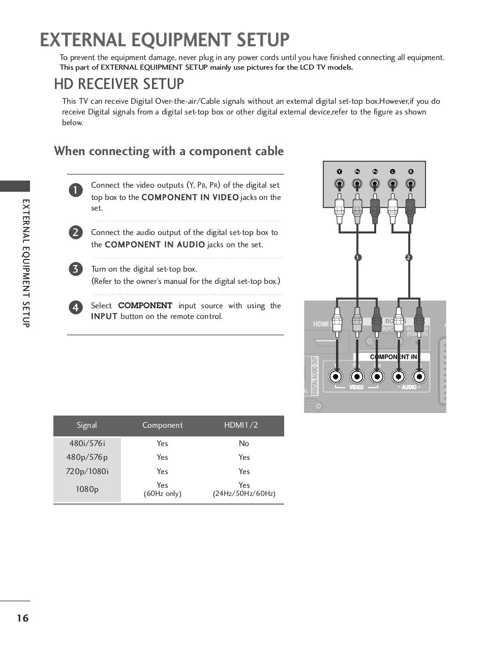 External equipment setup, Hd receiver setup, When connecting with a component cable | External eq uipment setup | LG 37LY95 User Manual | Page 18 / 112