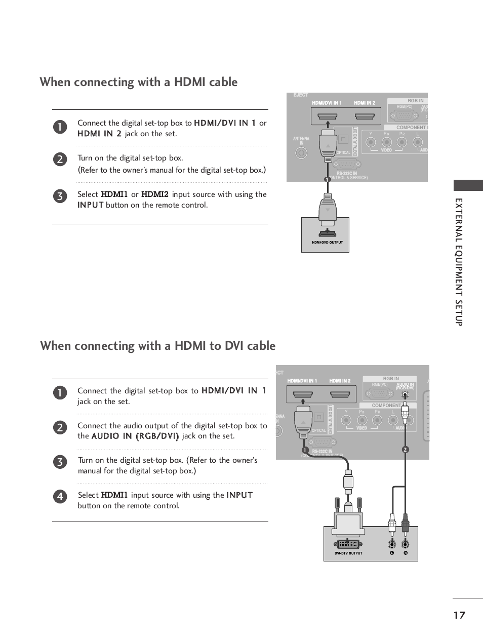 When connecting with a hdmi cable, When connecting with a hdmi to dvi cable, External eq uipment setup | LG 37LY95 User Manual | Page 19 / 112