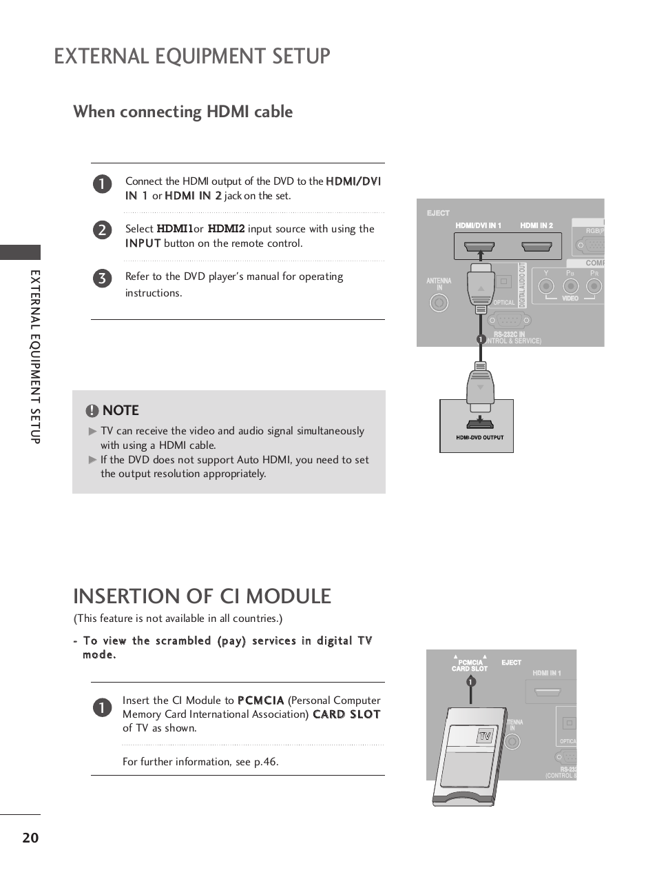 External equipment setup, Insertion of ci module, When connecting hdmi cable | External eq uipment setup | LG 37LY95 User Manual | Page 22 / 112