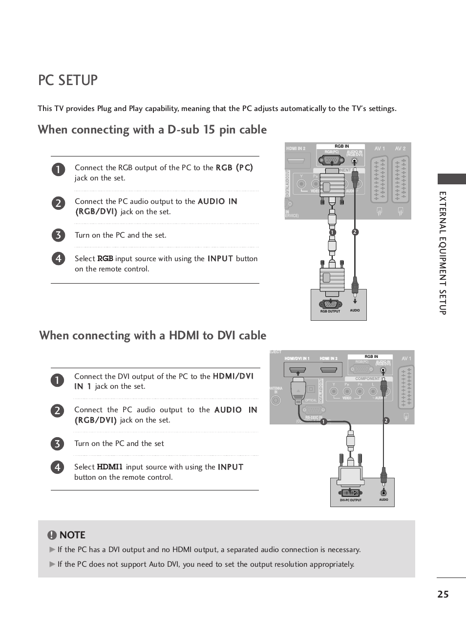Pc setup, When connecting with a d-sub 15 pin cable, When connecting with a hdmi to dvi cable | External eq uipment setup | LG 37LY95 User Manual | Page 27 / 112
