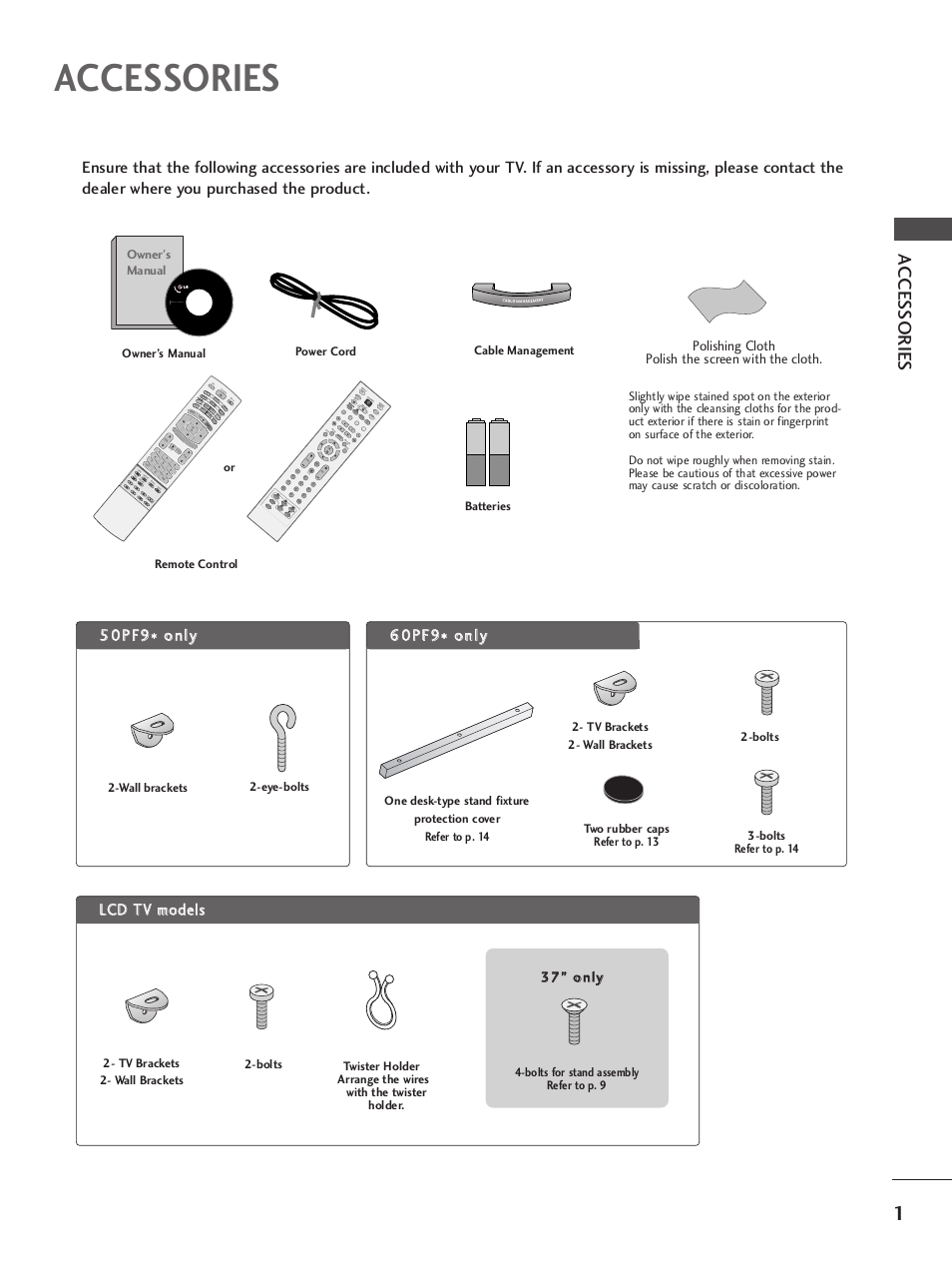 Accessories, Owner’s manual, D/a in put | Po w er, Upda te index siz e gu ide i/ii, Mute q.v iew, Su bt itl e tv/radio so un d, Polishing cloth polish the screen with the cloth, Mut e, 337 7”” o on nllyy | LG 37LY95 User Manual | Page 3 / 112