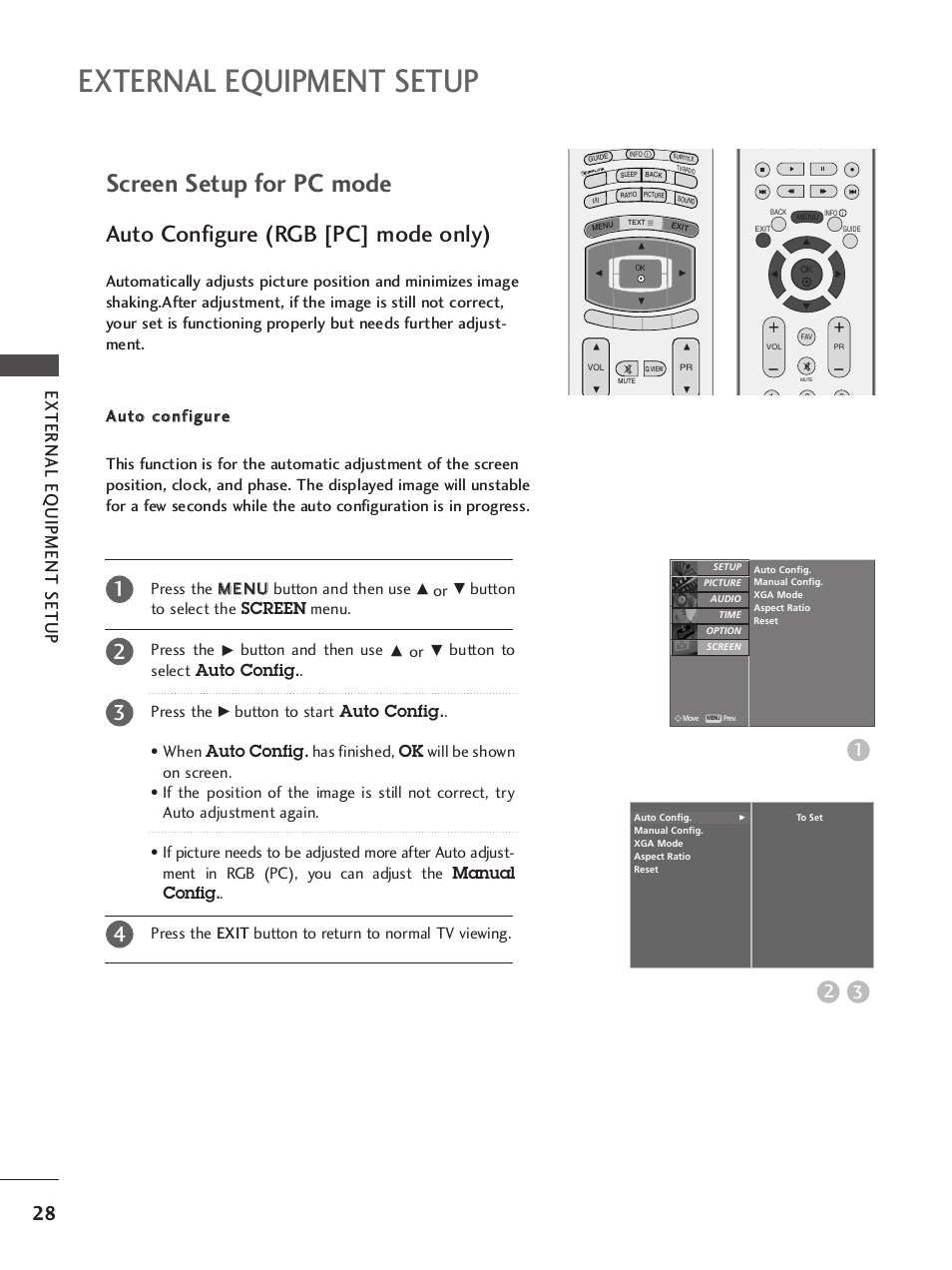 Screen setup for pc mode, External equipment setup, Auto configure (rgb [pc] mode only) | External eq uipment setup, Button to select the screen menu. press the, Button and then use, Button to select auto config.. press the | LG 37LY95 User Manual | Page 30 / 112