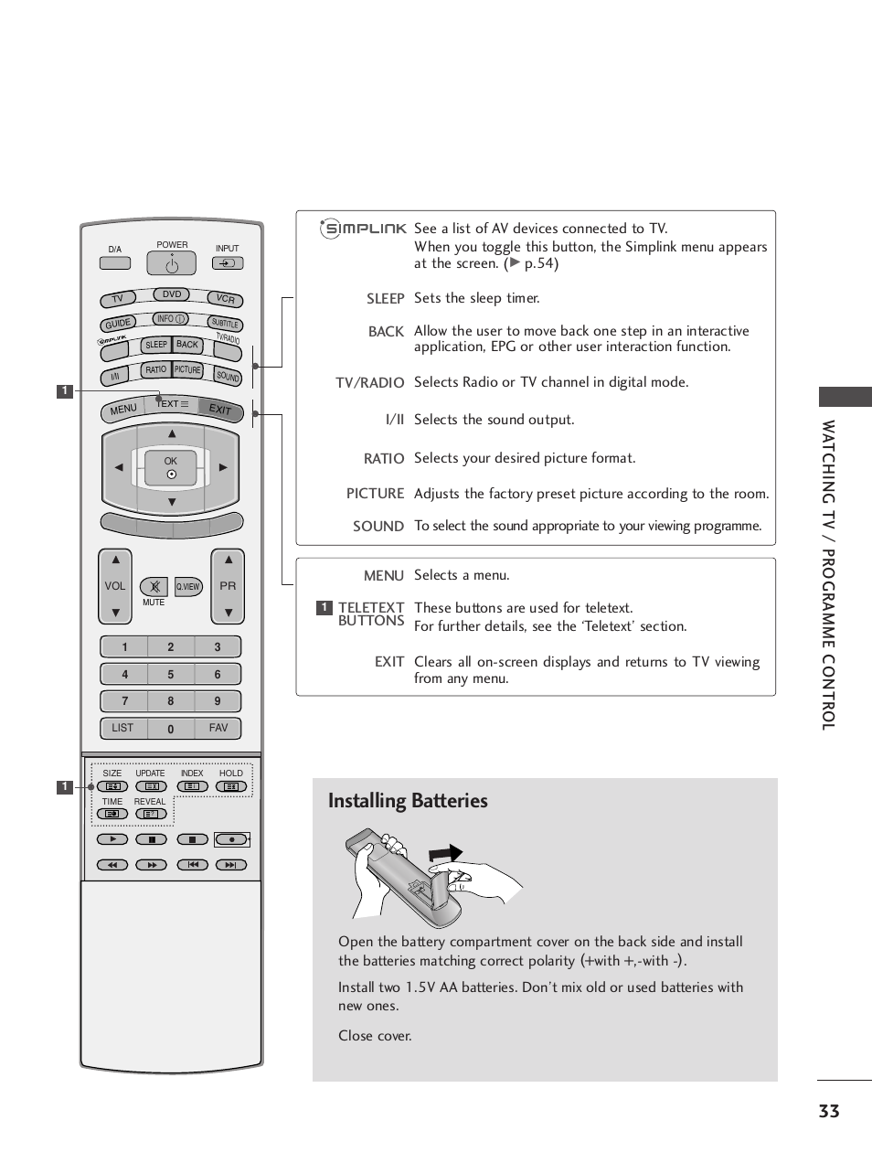 Installing batteries, Wa tching tv / pr ogr amme contr ol | LG 37LY95 User Manual | Page 35 / 112