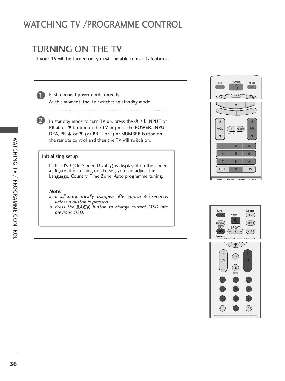 Turning on the tv, Watching tv /programme control, Wa tching tv / pr ogr amme contr ol | LG 37LY95 User Manual | Page 38 / 112