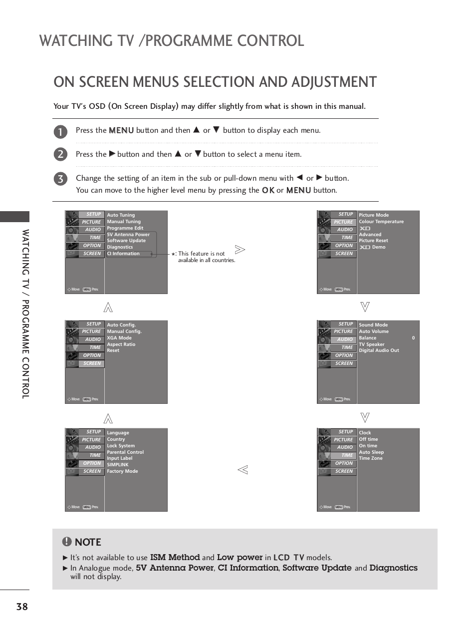 On screen menus selection and adjustment, Watching tv /programme control, Wa tching tv / pr ogr amme contr ol | Press the m me en nu u button and then, Button to display each menu. press the, Button and then | LG 37LY95 User Manual | Page 40 / 112