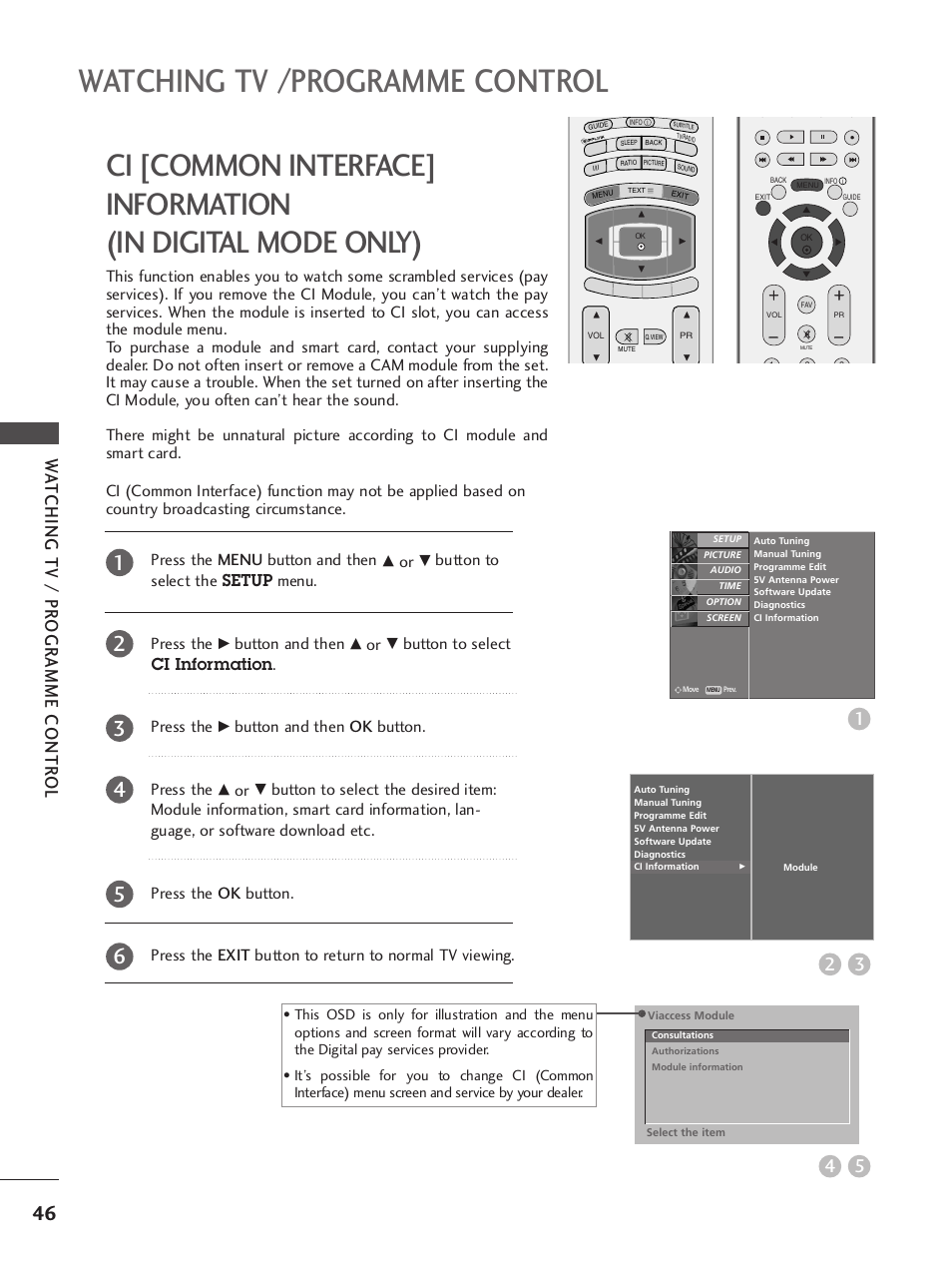 Watching tv /programme control, Wa tching tv / pr ogr amme contr ol, Button to select the setup menu. press the | Button and then, Button to select ci information . press the, Button and then ok button. press the | LG 37LY95 User Manual | Page 48 / 112