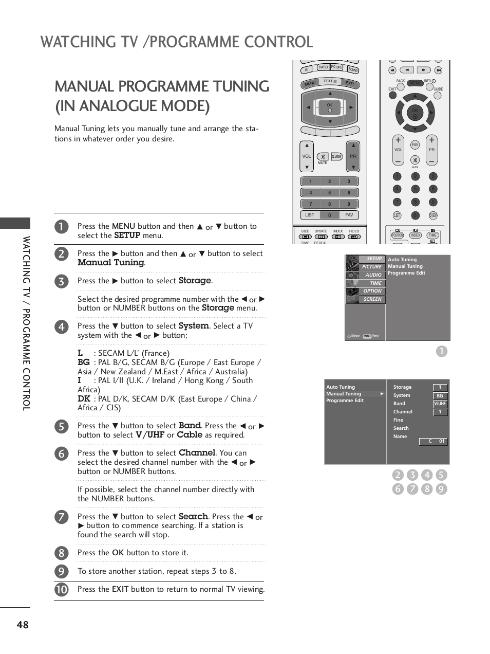 Manual programme tuning(in analogue mode), Watching tv /programme control, Manual programme tuning (in analogue mode) | Wa tching tv / pr ogr amme contr ol, Press the menu button and then, Button to select the setup menu. press the, Button and then, Button to select manual tuning . press the, Button to select band. press the, Button to select search. press the | LG 37LY95 User Manual | Page 50 / 112