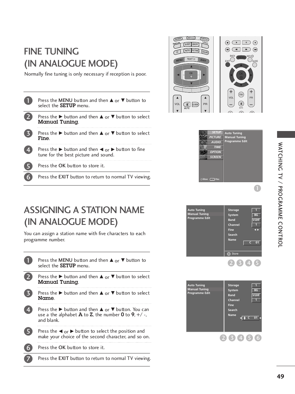 Fine tuning(in analogue mode), Assigning a station name(in analogue mode), Wa tching tv / pr ogr amme contr ol | LG 37LY95 User Manual | Page 51 / 112
